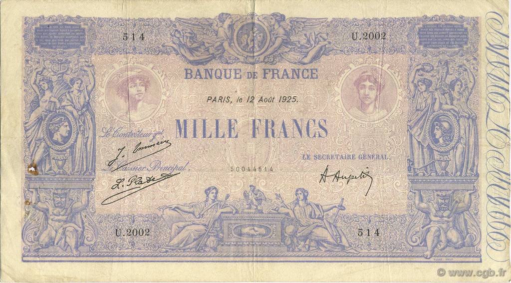 1000 Francs BLEU ET ROSE FRANCE  1925 F.36.41 VF-