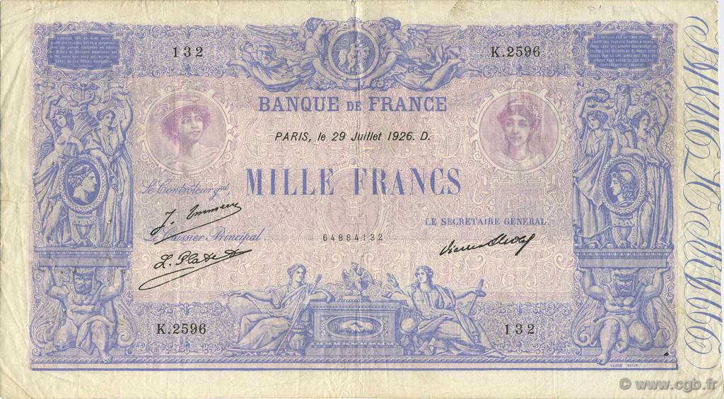 1000 Francs BLEU ET ROSE FRANCIA  1926 F.36.43 BC a MBC