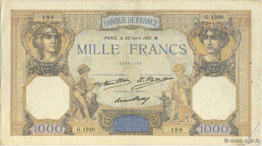 1000 Francs CÉRÈS ET MERCURE FRANCE  1931 F.37.06 VF-
