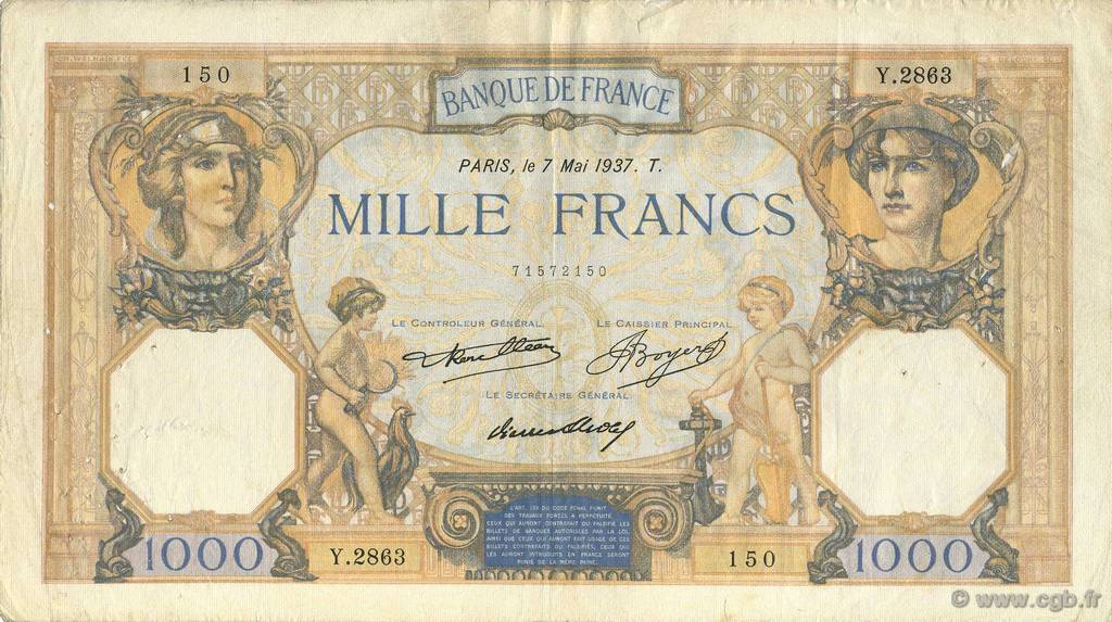 1000 Francs CÉRÈS ET MERCURE FRANCE  1937 F.37.10 pr.TTB