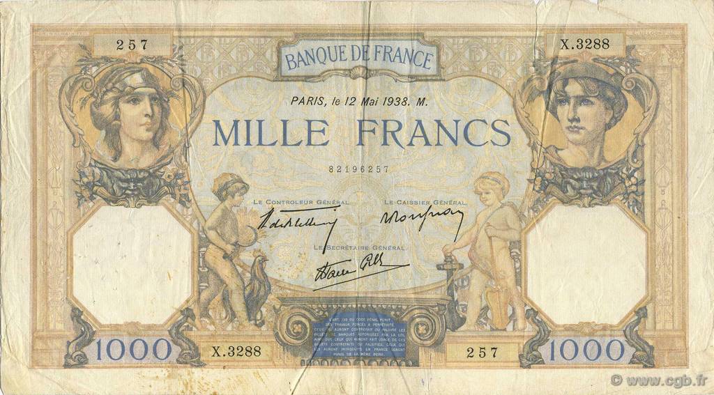 1000 Francs CÉRÈS ET MERCURE type modifié FRANCE  1938 F.38.14 F+