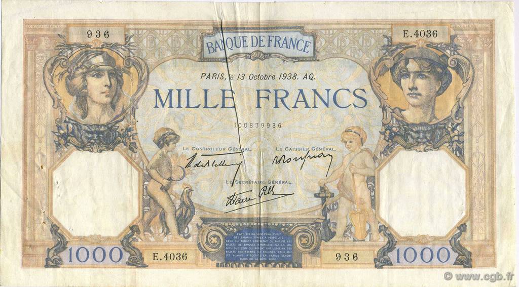 1000 Francs CÉRÈS ET MERCURE type modifié FRANCE  1938 F.38.29 VF