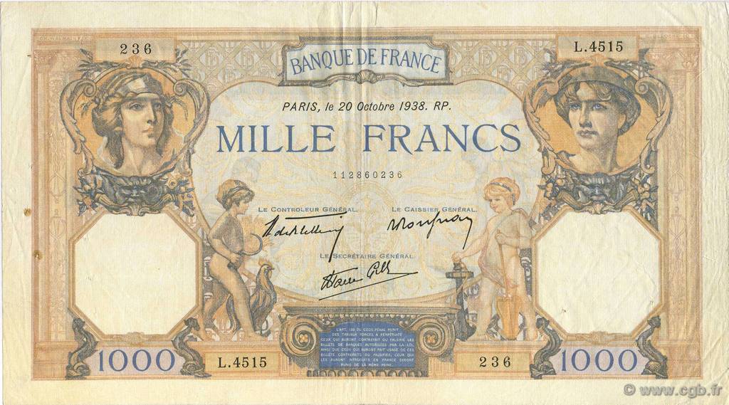 1000 Francs CÉRÈS ET MERCURE type modifié FRANKREICH  1938 F.38.30 SS
