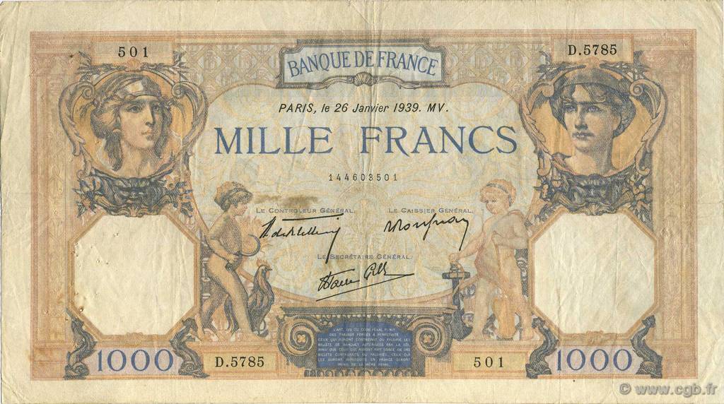 1000 Francs CÉRÈS ET MERCURE type modifié FRANKREICH  1939 F.38.33 fSS