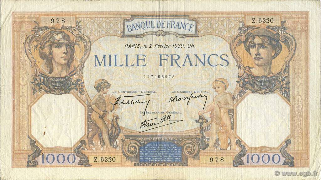 1000 Francs CÉRÈS ET MERCURE type modifié FRANCE  1939 F.38.34 F+