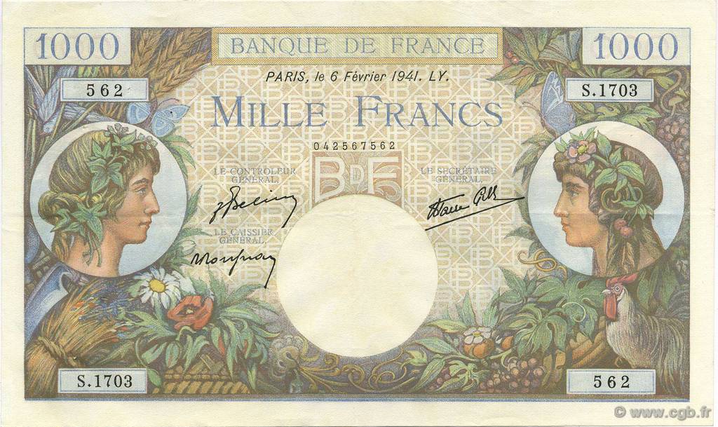 1000 Francs COMMERCE ET INDUSTRIE  FRANCE  1941 F.39.04 XF+