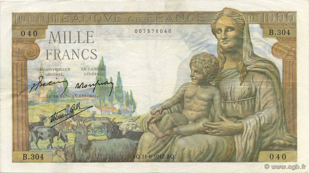 1000 Francs DÉESSE DÉMÉTER FRANCE  1942 F.40.02 VF+