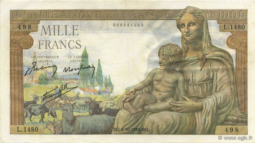 1000 Francs DÉESSE DÉMÉTER FRANCE  1942 F.40.08 VF