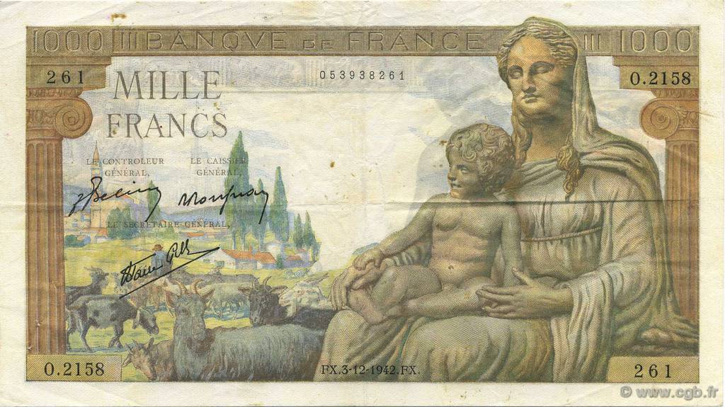 1000 Francs DÉESSE DÉMÉTER FRANCE  1942 F.40.12 VF