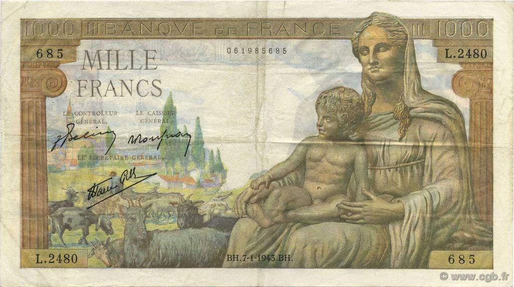 1000 Francs DÉESSE DÉMÉTER FRANCIA  1943 F.40.15 BB