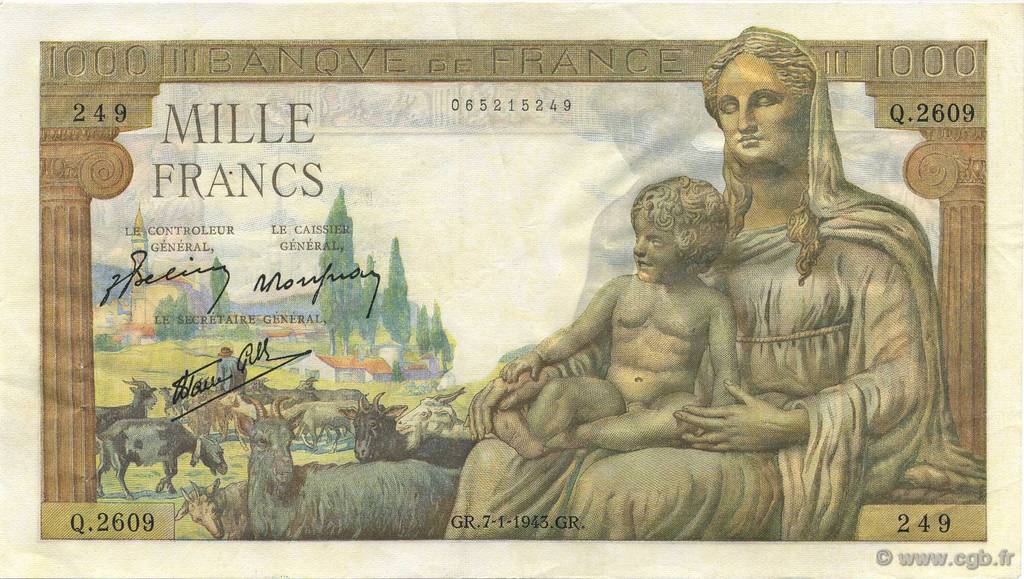 1000 Francs DÉESSE DÉMÉTER FRANKREICH  1943 F.40.15 VZ