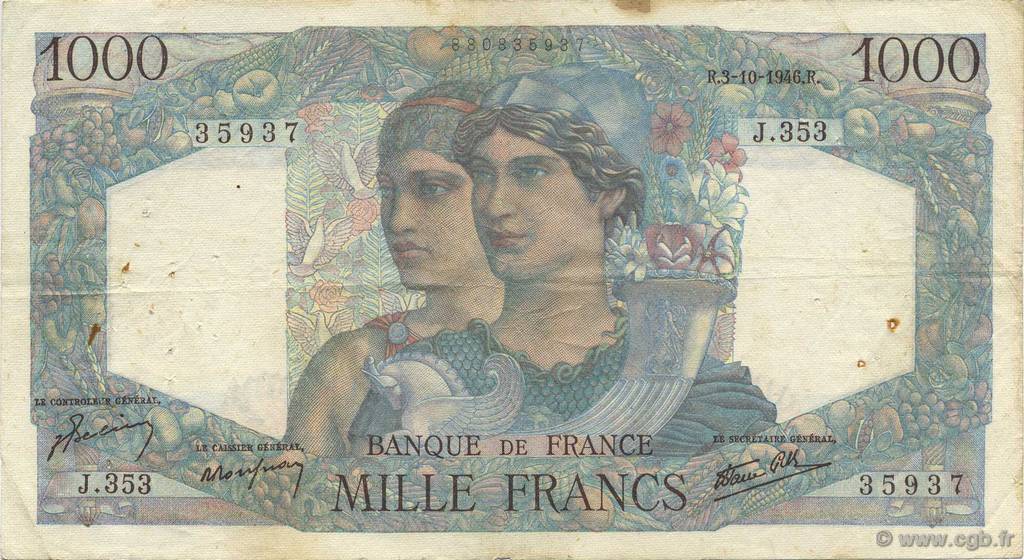 1000 Francs MINERVE ET HERCULE FRANCE  1946 F.41.17 VF