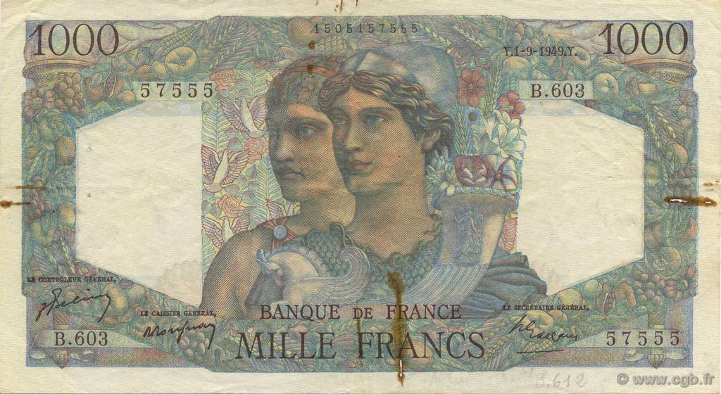 1000 Francs MINERVE ET HERCULE FRANCE  1949 F.41.29 F+