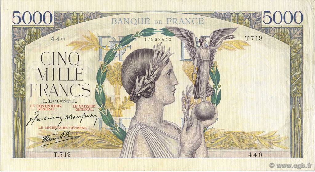 5000 Francs VICTOIRE Impression à plat FRANKREICH  1941 F.46.28 fVZ