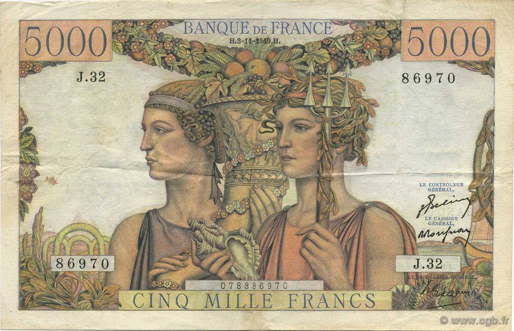 5000 Francs TERRE ET MER FRANKREICH  1949 F.48.02 SS