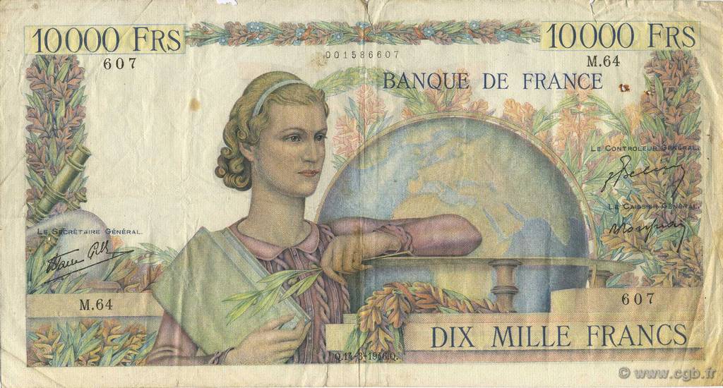 10000 Francs GÉNIE FRANÇAIS FRANCIA  1946 F.50.03 B a MB