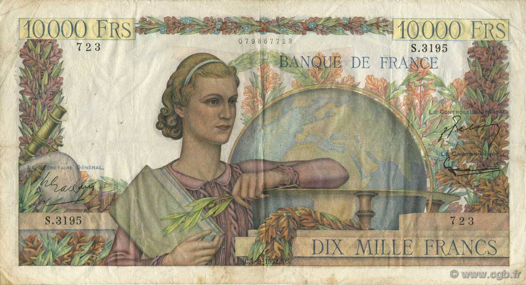 10000 Francs GÉNIE FRANÇAIS FRANKREICH  1952 F.50.60 SS