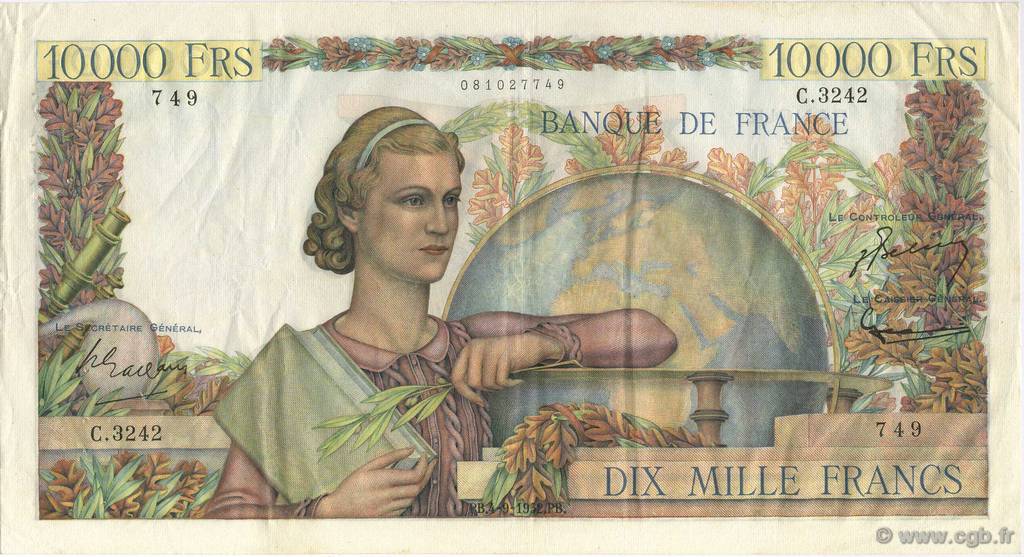 10000 Francs GÉNIE FRANÇAIS FRANCIA  1952 F.50.60 q.SPL
