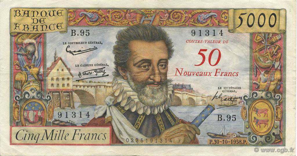 50 NF sur 5000 Francs HENRI IV FRANCIA  1958 F.54.01 BB