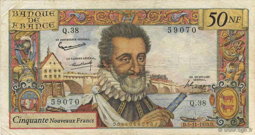 50 Nouveaux Francs HENRI IV FRANCIA  1959 F.58.04 q.BB