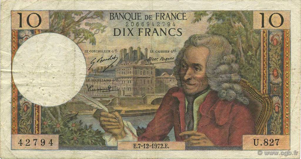10 Francs VOLTAIRE FRANCIA  1972 F.62.59 BC