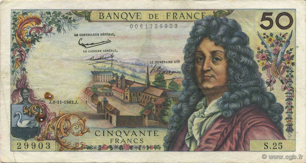 50 Francs RACINE FRANCIA  1962 F.64.02 BC a MBC