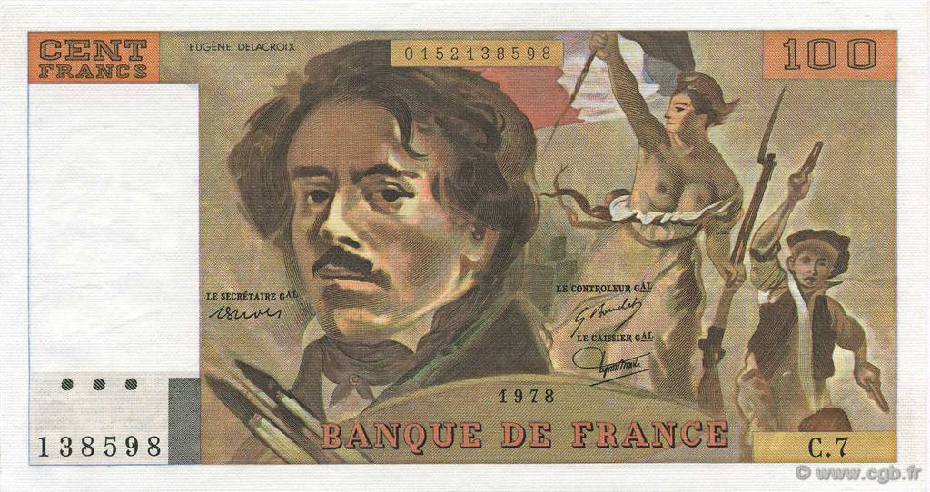 100 Francs DELACROIX modifié FRANCE  1978 F.69.01d SPL+