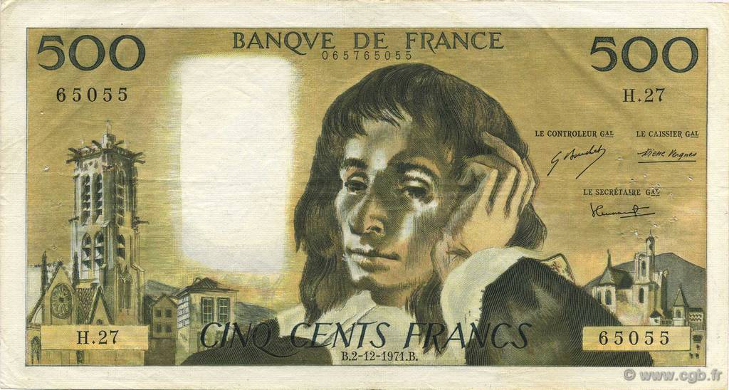 500 Francs PASCAL FRANKREICH  1971 F.71.07 SS