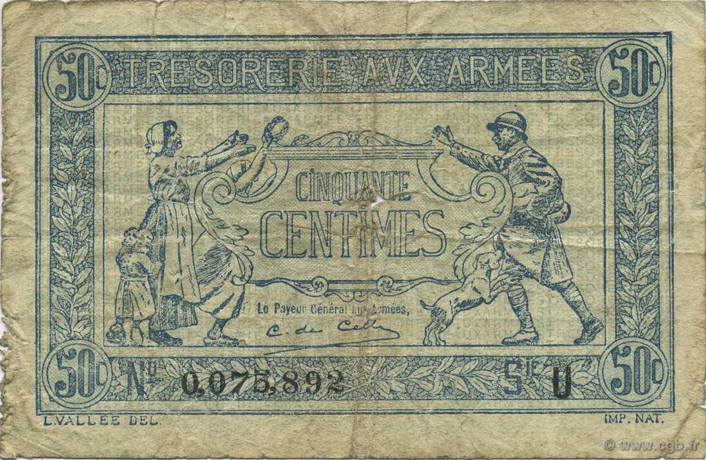 50 Centimes TRÉSORERIE AUX ARMÉES 1919 FRANCIA  1919 VF.02.04 MB