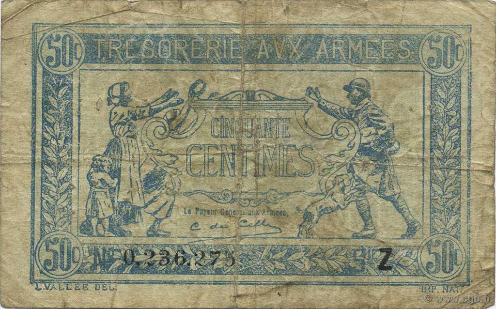 50 Centimes TRÉSORERIE AUX ARMÉES 1919 FRANCIA  1919 VF.02.09 q.MB