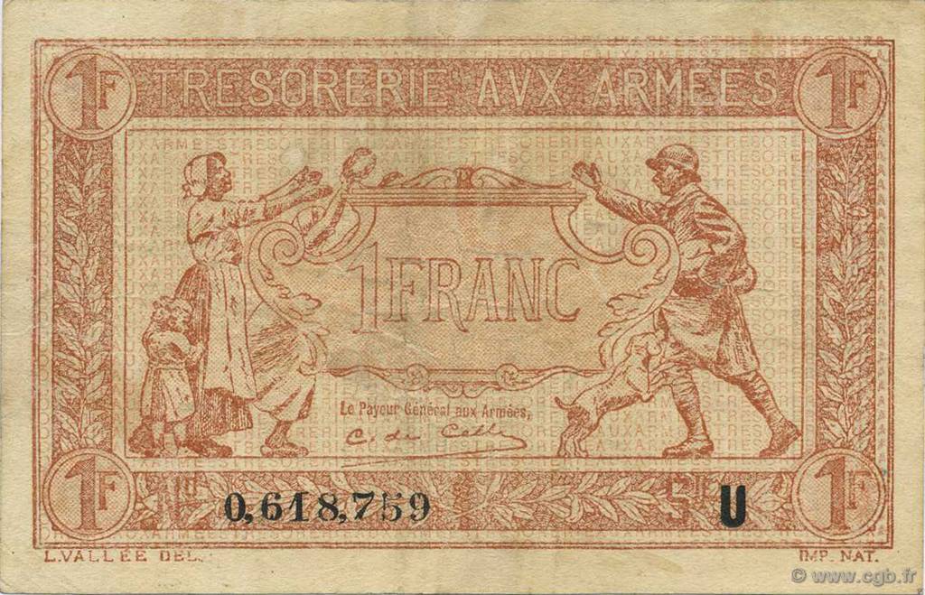 1 Franc TRÉSORERIE AUX ARMÉES 1919 FRANKREICH  1919 VF.04.08 fVZ