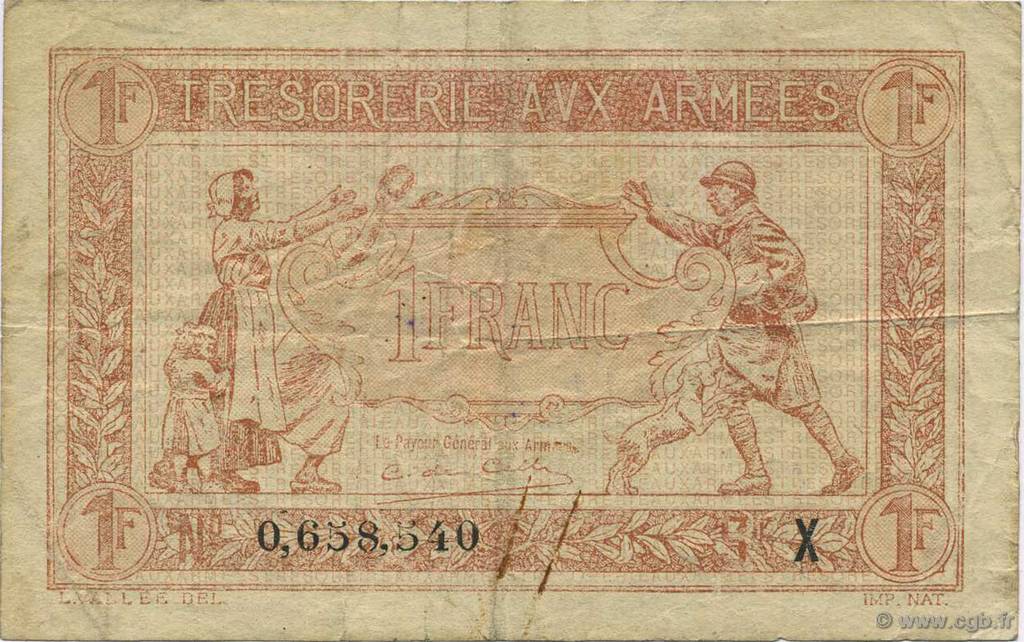 1 Franc TRÉSORERIE AUX ARMÉES 1919 FRANCIA  1919 VF.04.11 BB