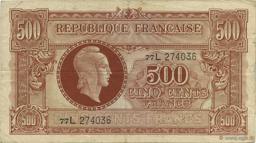 500 Francs MARIANNE fabrication anglaise FRANCE  1945 VF.11.01 TTB