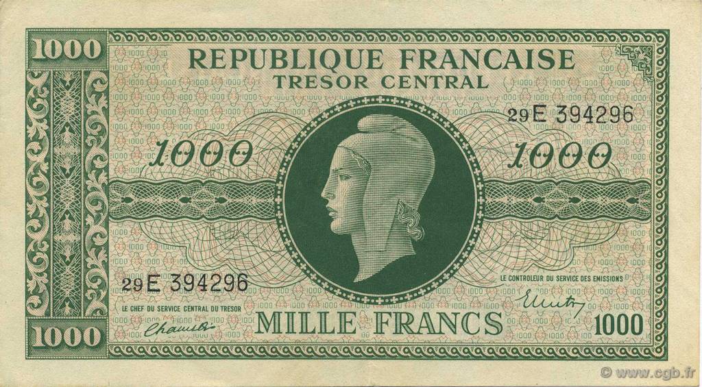 1000 Francs MARIANNE THOMAS DE LA RUE FRANCIA  1945 VF.13.02 SPL+