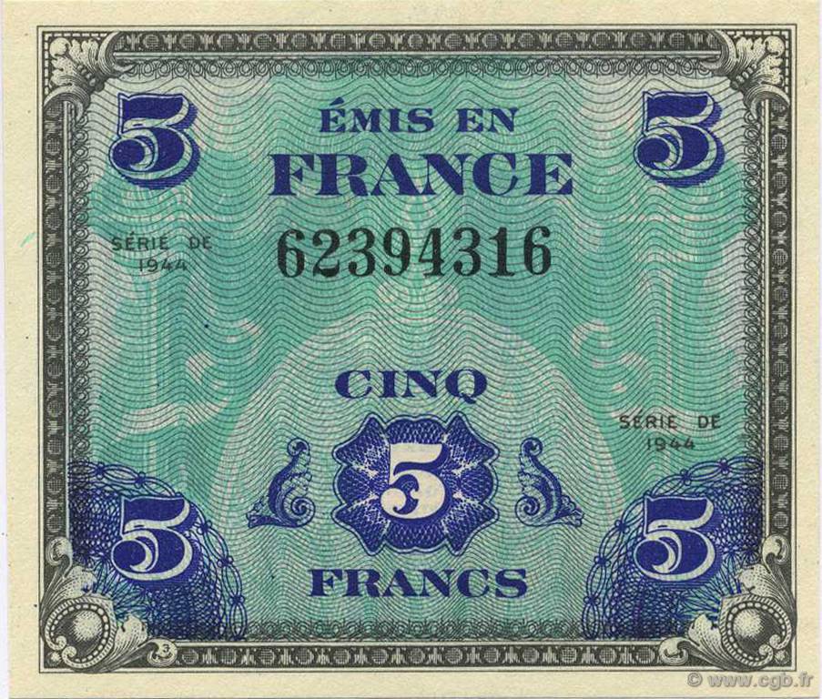 5 Francs DRAPEAU FRANKREICH  1944 VF.17.01 ST