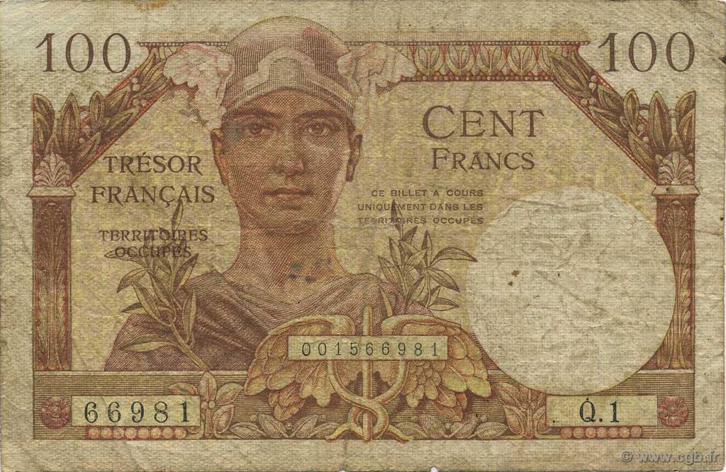 100 Francs TRÉSOR FRANCAIS FRANKREICH  1947 VF.32.01 SGE