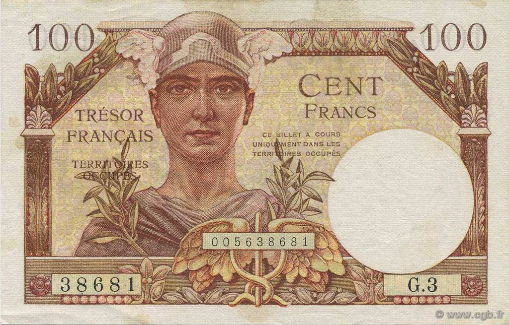 100 Francs TRÉSOR FRANÇAIS FRANKREICH  1947 VF.32.03 VZ