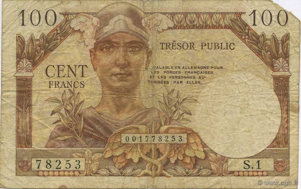 100 Francs TRÉSOR PUBLIC FRANCIA  1955 VF.34.01 B