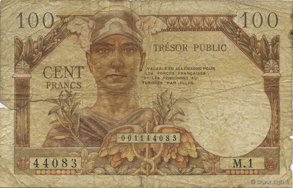 100 Francs TRÉSOR PUBLIC FRANKREICH  1955 VF.34.01 SGE