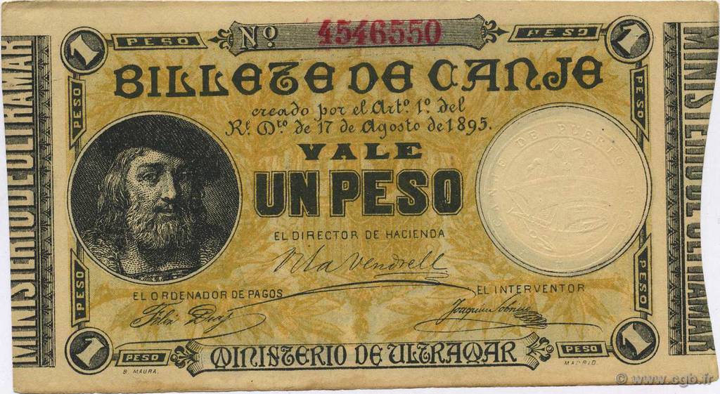 1 Peso PUERTO RICO  1895 P.07b fST