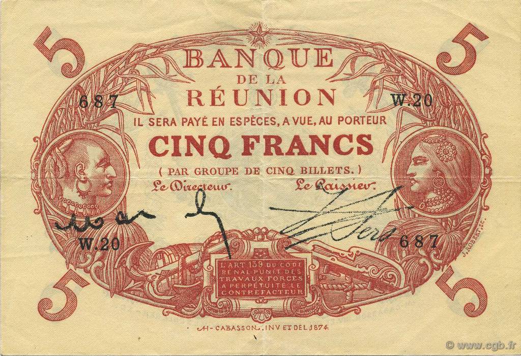 5 Francs Cabasson rouge REUNION INSEL  1916 P.14 VZ+