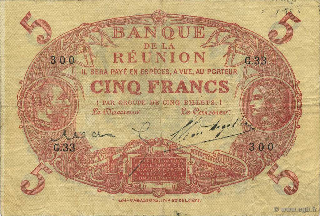 5 Francs Cabasson rouge REUNION  1923 P.14 VF