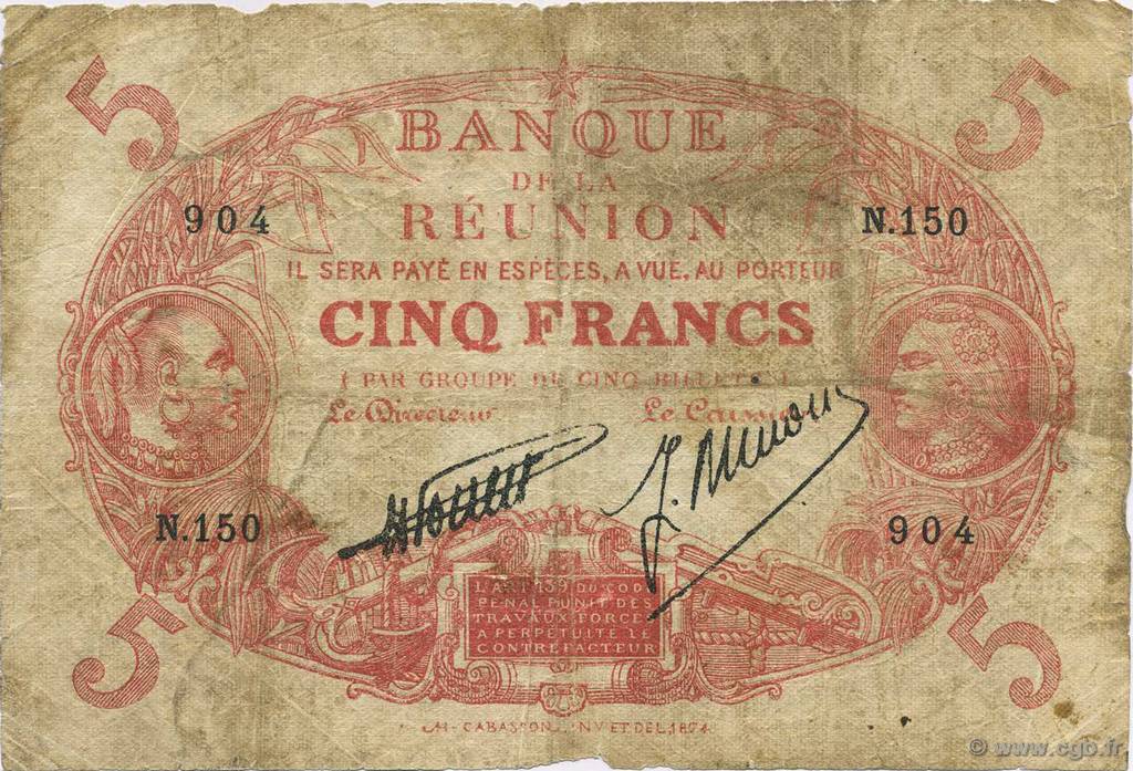 5 Francs Cabasson rouge REUNION INSEL  1938 P.14 SGE