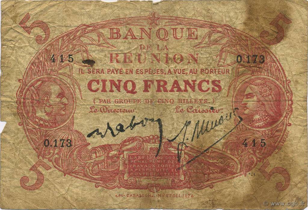 5 Francs Cabasson rouge REUNION INSEL  1944 P.14 fSGE