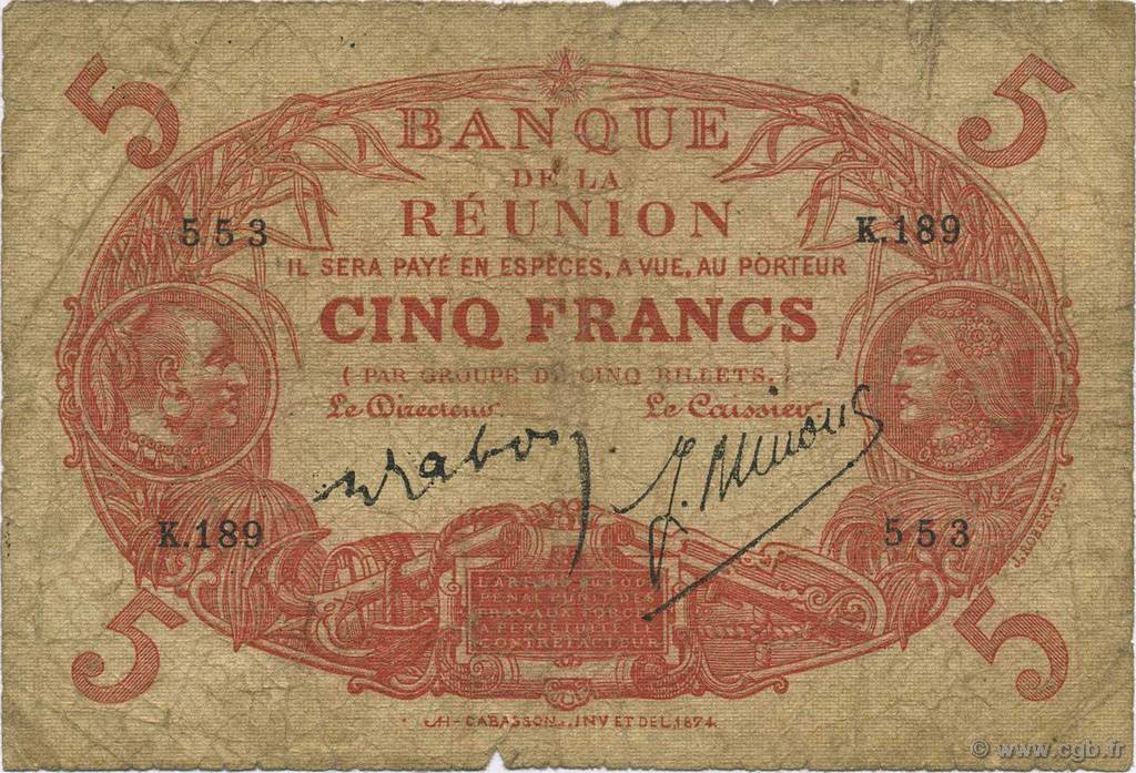 5 Francs Cabasson rouge REUNION ISLAND  1944 P.14 G