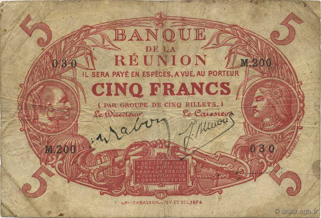 5 Francs Cabasson rouge ÎLE DE LA RÉUNION  1944 P.14 TB
