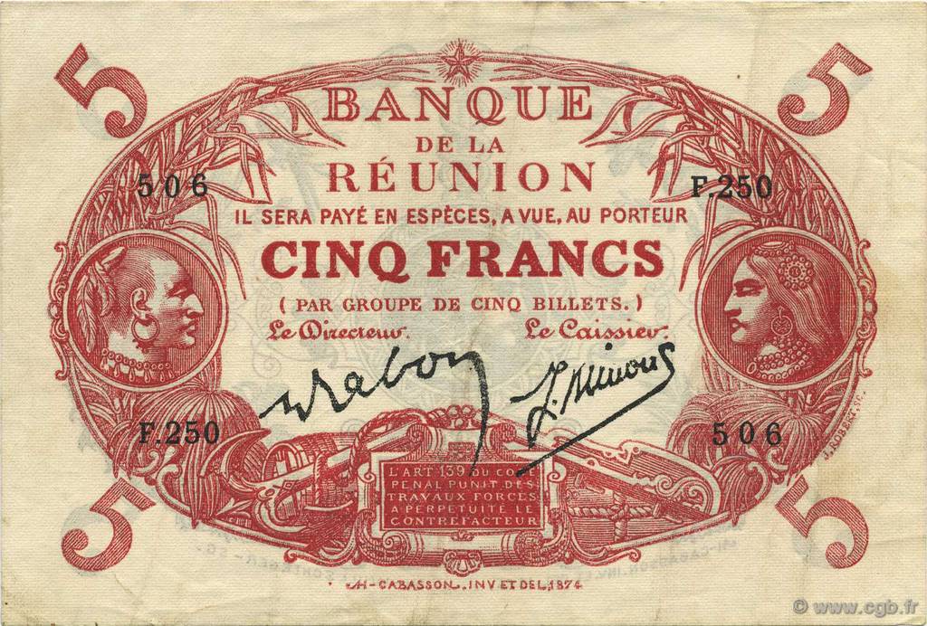 5 Francs Cabasson rouge ISOLA RIUNIONE  1944 P.14 SPL
