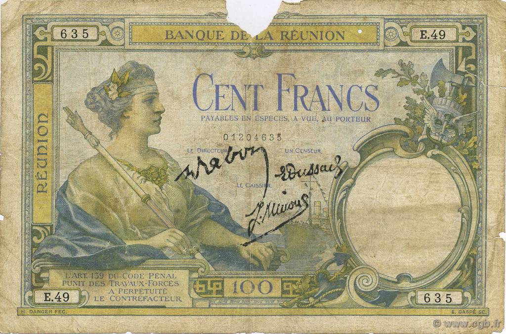 100 Francs ISOLA RIUNIONE  1944 P.24 q.B