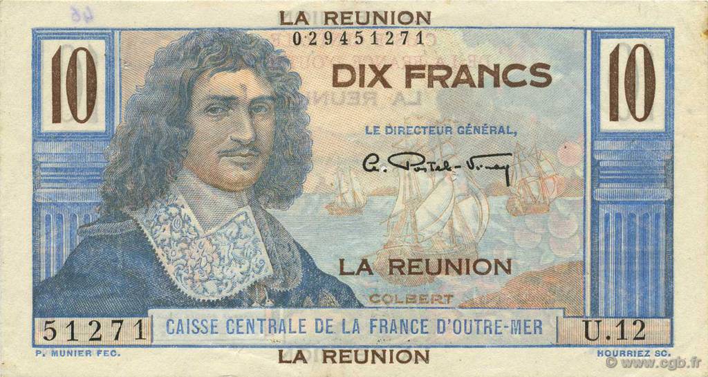 10 Francs Colbert REUNION ISLAND  1946 P.42a XF-