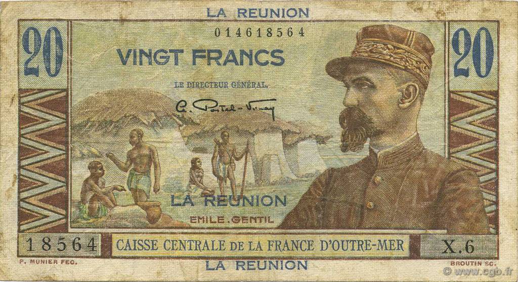 20 Francs Émile Gentil ISLA DE LA REUNIóN  1946 P.43a BC